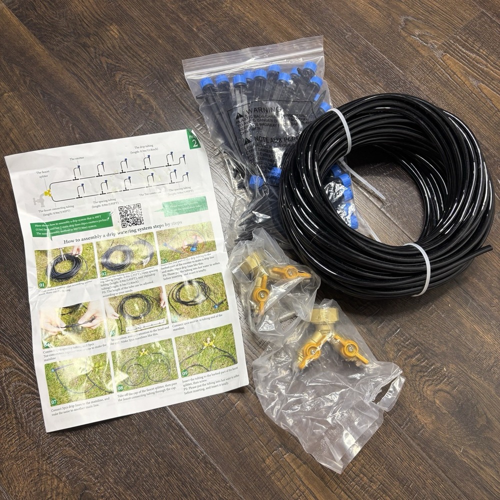 Adjustable Drip Irrigation Kit with 100ft Drip Hose  - Growing Plants, Garden,